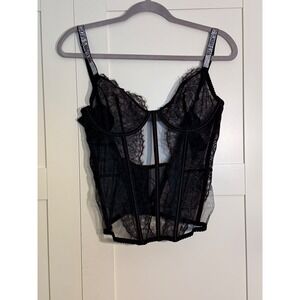 Victoria's Secret Black Lace Corset Bustier Strappy Sparkle Straps Hook Back L G